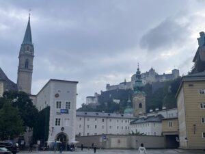 A view of the imposing fortress from the city streets, the starting point for my Hohensalzburg Castle private tour.