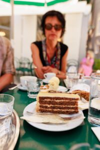 A close-up of a rich, traditional Austrian layered cake, representing the sweet tasting experience on our Food Tours in Salzburg.