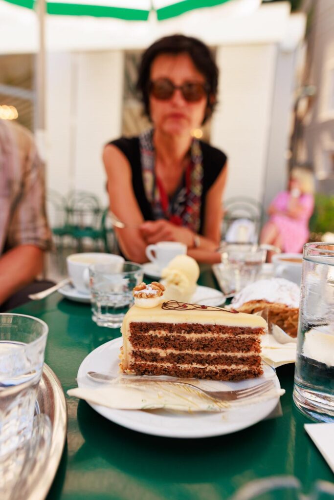 A close-up of a rich, traditional Austrian layered cake, representing the sweet tasting experience on our Food Tours in Salzburg.